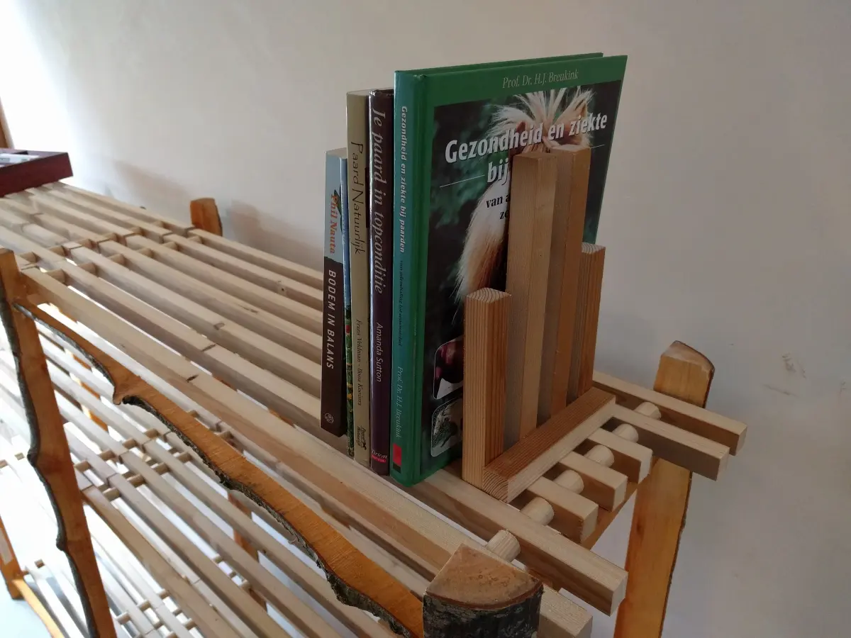 boekenrek van groen elzenhout - detail